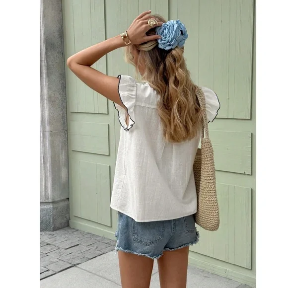Cotton White Button Down Shirt Blue Floral Embroidery Ruffle Cap Sleeves V-Neck - Picture 4 of 9